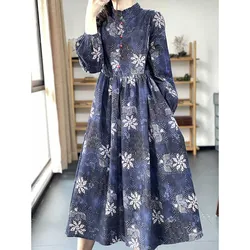 Fashion Stand Collar Spliced Loose Folds Printed Vintage Dress Women's Clothing 2024 Spring New Oversized All-match Midi Dress