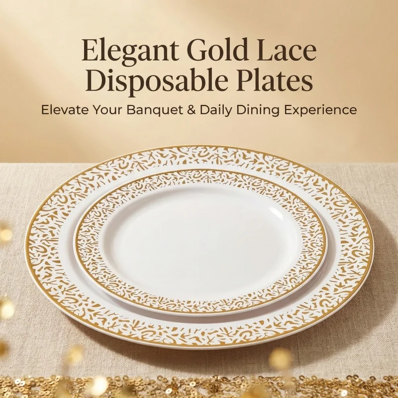 10/20pcs Lace Gold Border Dinner Plates Set 7.5"/10.25" Disposable Dinner Plates For Italian Party Barbecue Pasta Dessert Salad
