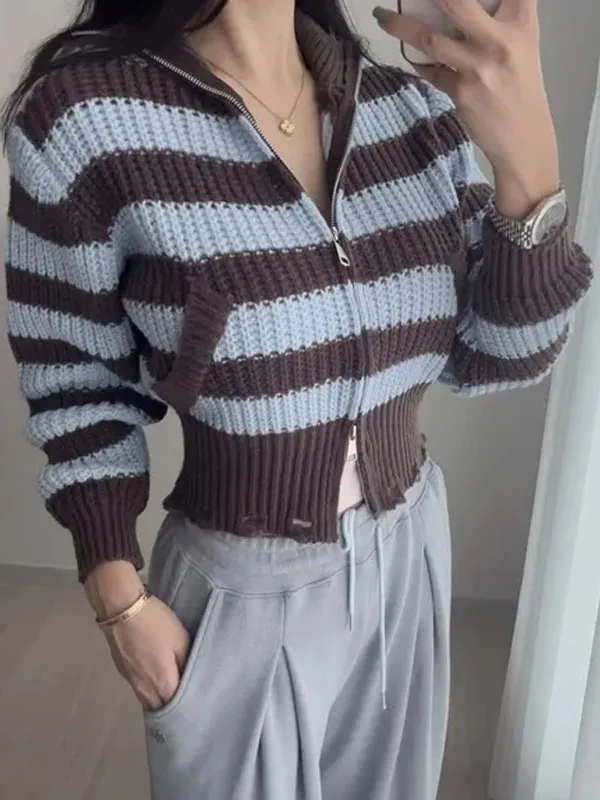 

Slimming High Ne Knitted Sweater Coat Zipper Striped Women's Faion Small Size Versatile Winter Warm Thiened Large Version