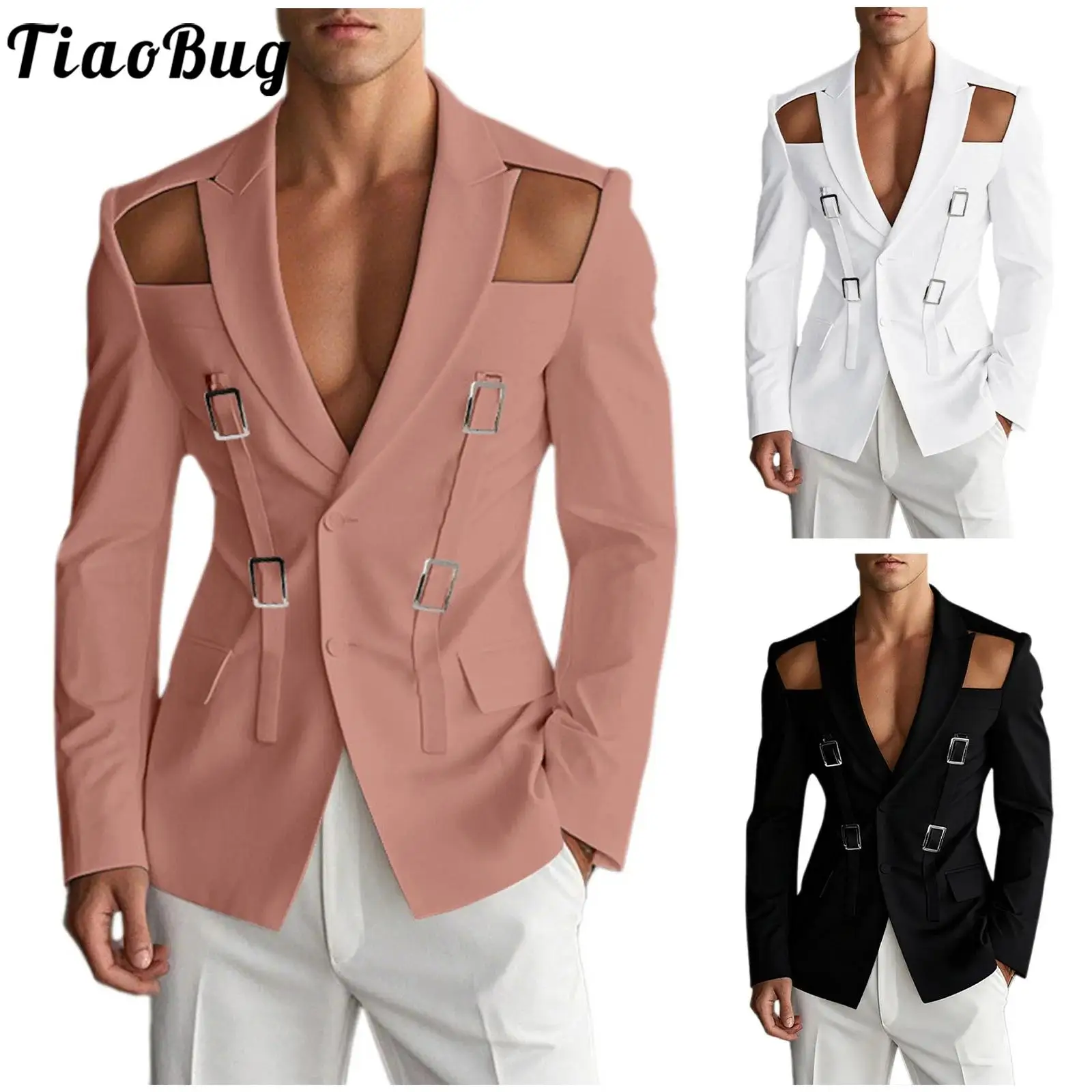 

Men Stylish Cutout Shoulder Blazer Metal Buckle Decor Lapel Long Sleeve buttons Suits Jacket Coat for Party Music Festival