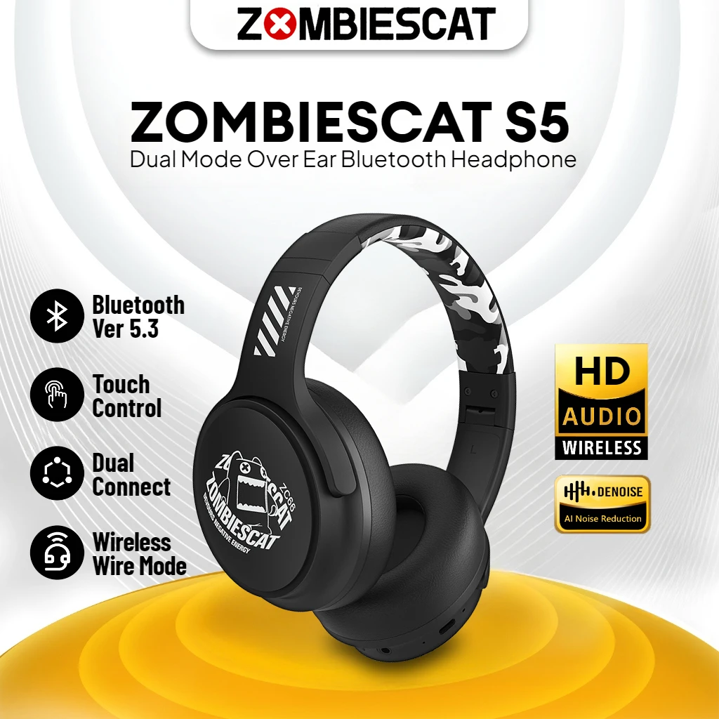 Zombies Cat S5 Bluetooth Wireless Earphones ENC Call Noise Canceling Bluetooth 5.3 Headphone with Mic TWS Headset Touch Control