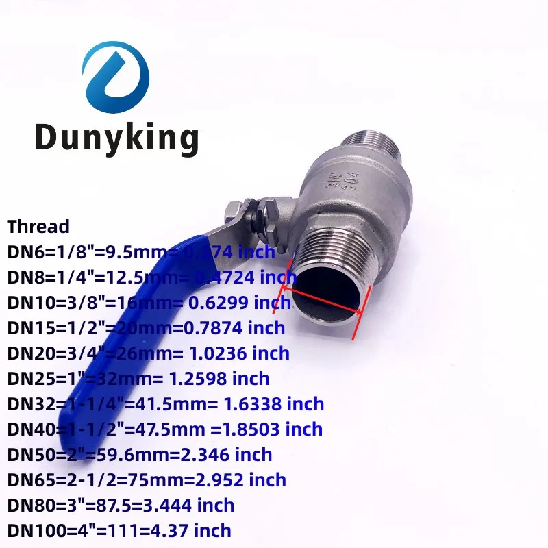 External Thread Stainless Steel 304 2P Full Port Ball Valve With Vinyl Handle Thread Valves Water Switch DN8/10/15/20/25/32/40