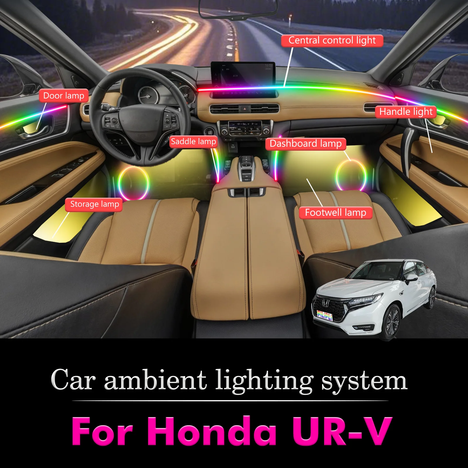 

For Honda UR-V Car Interior Ambient Lamp Kit RGB 64-Color LED Smart Remote Control Energy Saving Efficient Lights