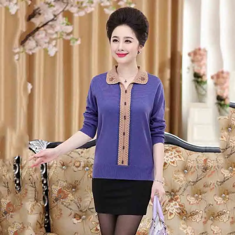 Women's Spring And Autumn Top Casual Loose Sweater Solid Color Long Sleeves Autumn Women's Diamond Knitted Lapel