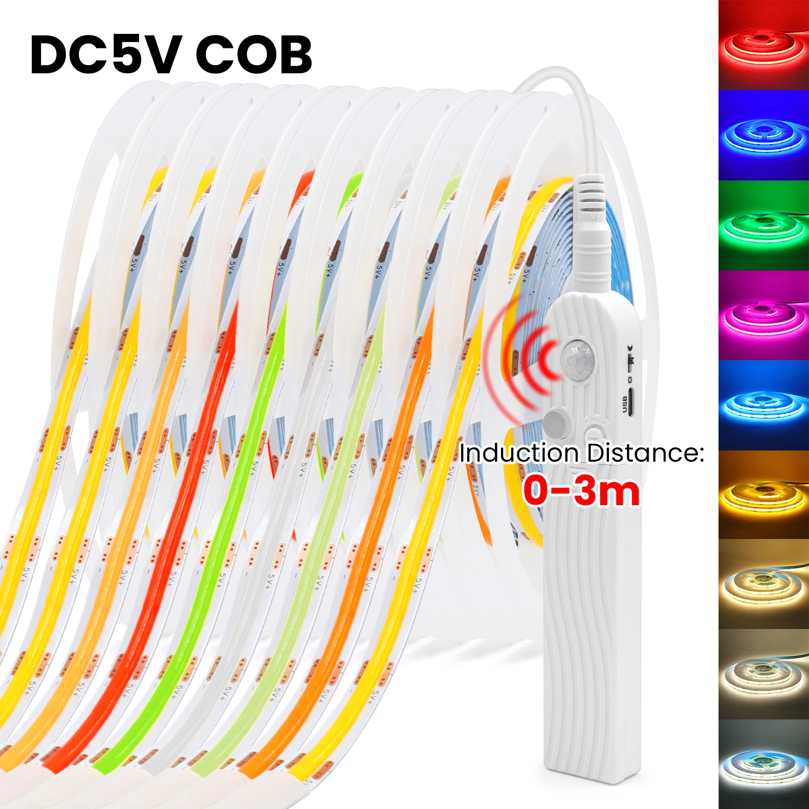 Motion Sensor Dimmerable COB Strip DC 5V 320Leds/M White/Red/Ice Blue/Pink/Yellow 0.5M-5M TV Backlight Ribbon Rope LED Light