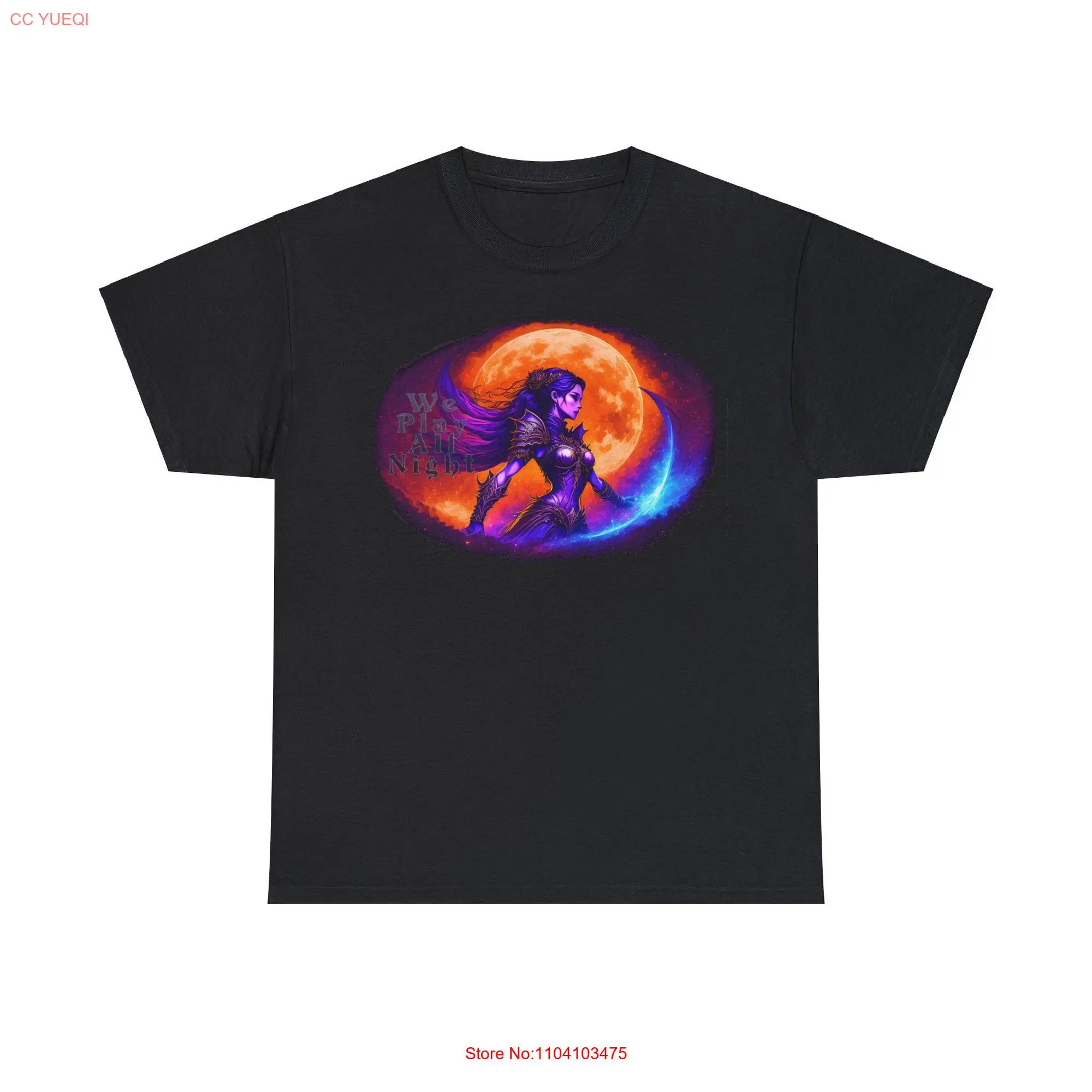 We Play All Night Woman Fighter under a Blood Moon RPG Fantasy DnD Character Cotton T Shirt long or short sleeves