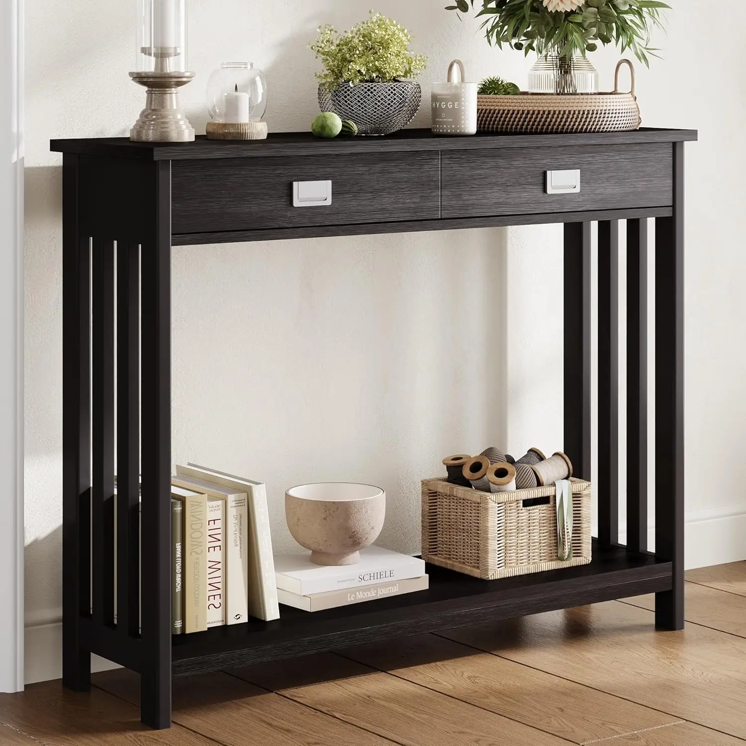 Black Entryway Table with Drawer, Narrow Console Table, Sofa Table with Storage Shelf for Entryway, Living Room and Hallway