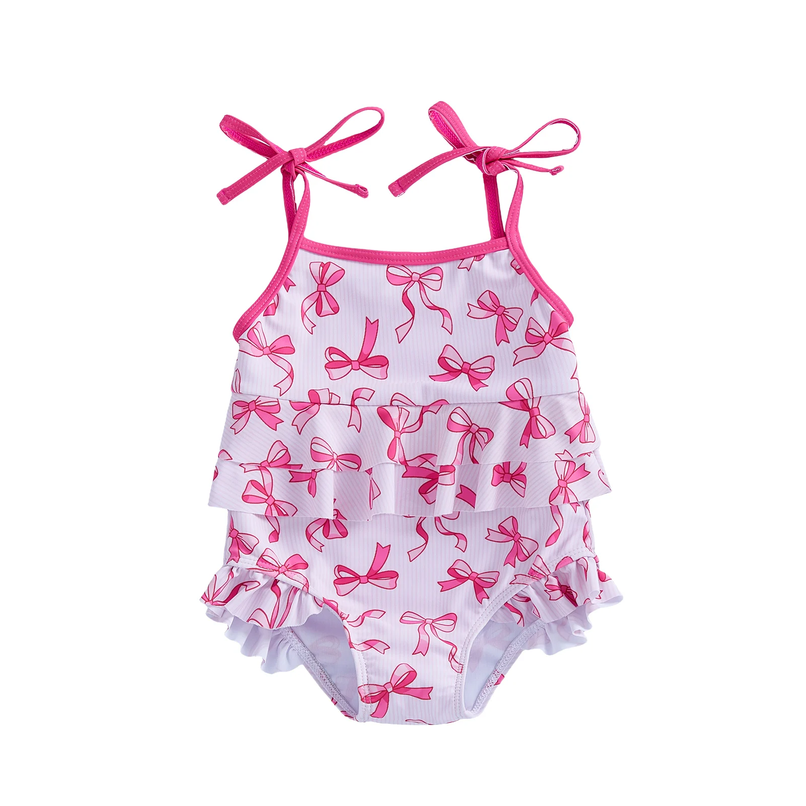 ملابس سباحة لطيفة بطبعات زهور مع حواف مكشكشة وتفاصيل فيونكة للفتيات الصغيرات - ملابس بحر للفتيات الصغيرات بدون أكمام مع