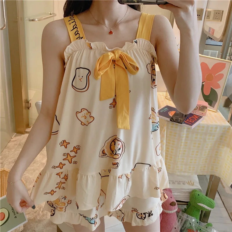Summer New Ladies Pajamas Homewear Suit Korean Version of the Sling Pajamas Female Cartoon Students Teenage Girls Homewear