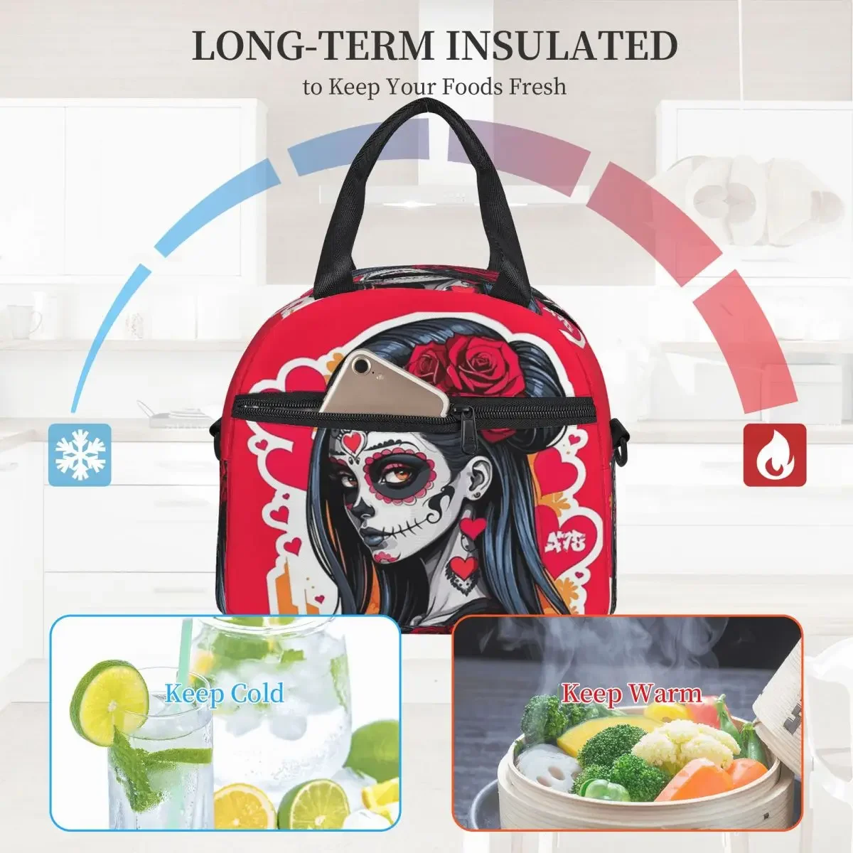 Alexander Gothic Las Elegantes Girls Day Of Dead Skull Borse per il pranzo Bento Box Lunch Tote Borse da picnic Borsa termica per lavoro donna