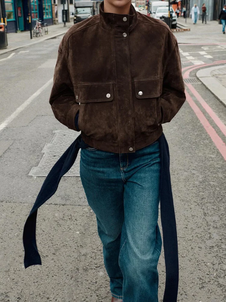 European and American style autumn new fashion trend women's casual pocket decoration suede leather bomber jacket