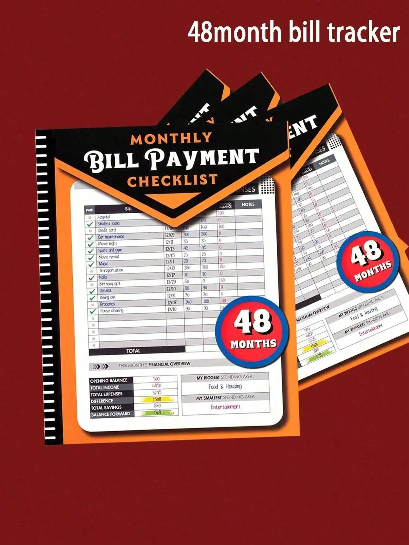 

1pc 48-Month Financial Accounting Ledger, Bill Payment & Budget Tracking Planner, English-Language Design, Valentine's Day Gift