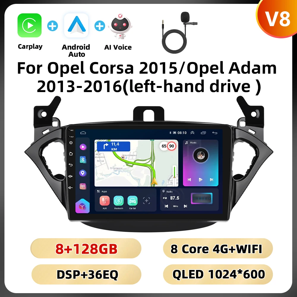 Podofo 2Din 8 + 128G Autoradio Voor Opel Corsa 2015/Opel Adam 2013-2016 Multimedia Speler AI Voice Carplay Android Auto BT GPS WIFI