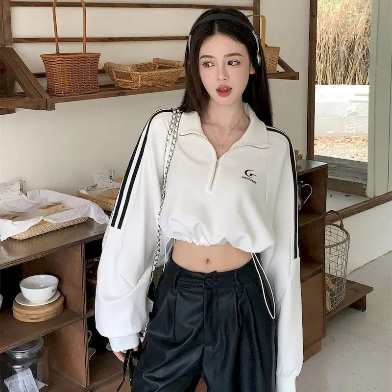 Y2k Streetwear Printed Cropped Tops Women Sexy Anime Hoodies Gothic Loose Drawstring Turn-down Collar Short Jackets Female KPop