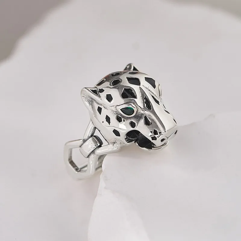 BOCAI S925 Sterling Silver Charms Rings for Women Men New Fashion Spotted Leopard Head Green Zirconia Punk Jewelry