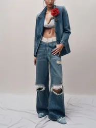 y2k spring and summer do old torn lace splicing high-waisted cotton Jeans2024 casual straight wide-leg pants Woman pants