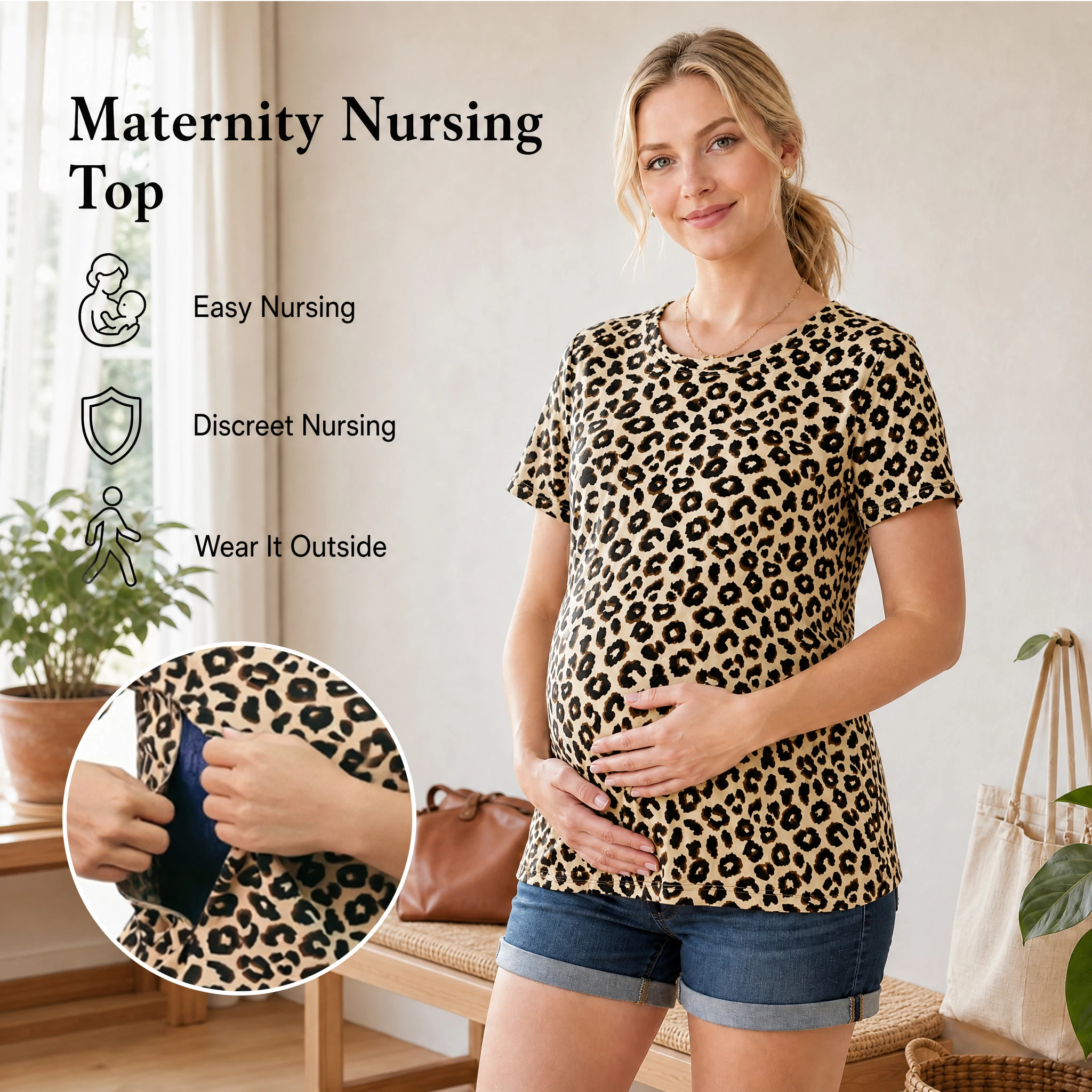 Women Short Sleeve Maternity Nursing T-shirt Leopard Print Round Neck Side Zipper Breastfeeding Pregnancy Top
