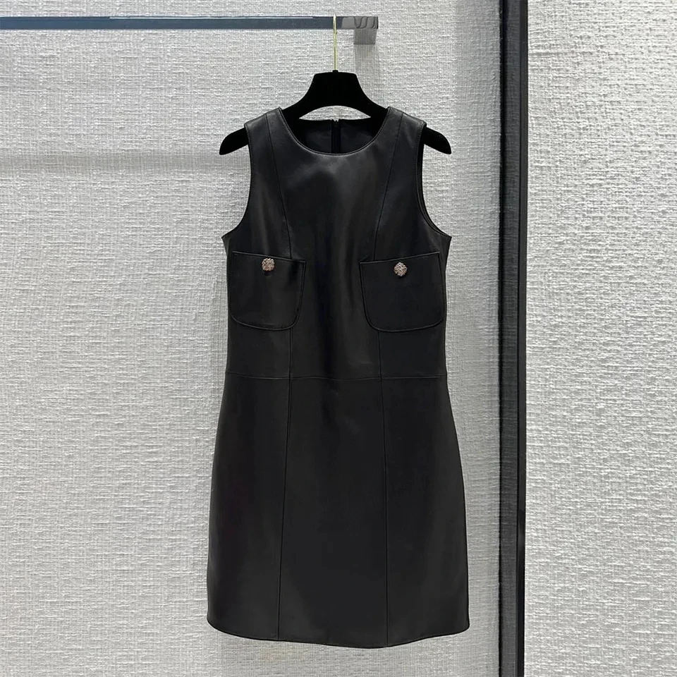 New Fashion Chic Black 100% Sheepskin Tank Dress Women O-neck Sleeveless Diamonds Button Pockets Straight Real Leather Dresses