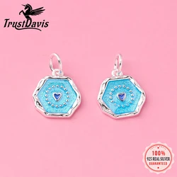 TrustDavis  Real 925 Sterling Silver Fashion Geometric Round Blue Heart Charm Pendant Handmade DIY Accessories Jewelry DZ1653