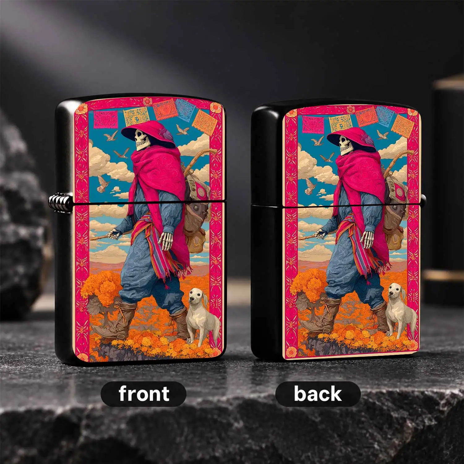 Creative Day Of The Dead Skeleton Traveler Pattern Lighter, Unique Mexican Folk Art Perforated Flag Design, Marigold Field Stylish Portable Igniter, Ideal For Daily Usegifting For Art Lovers A Humorous And Interesting Lighter