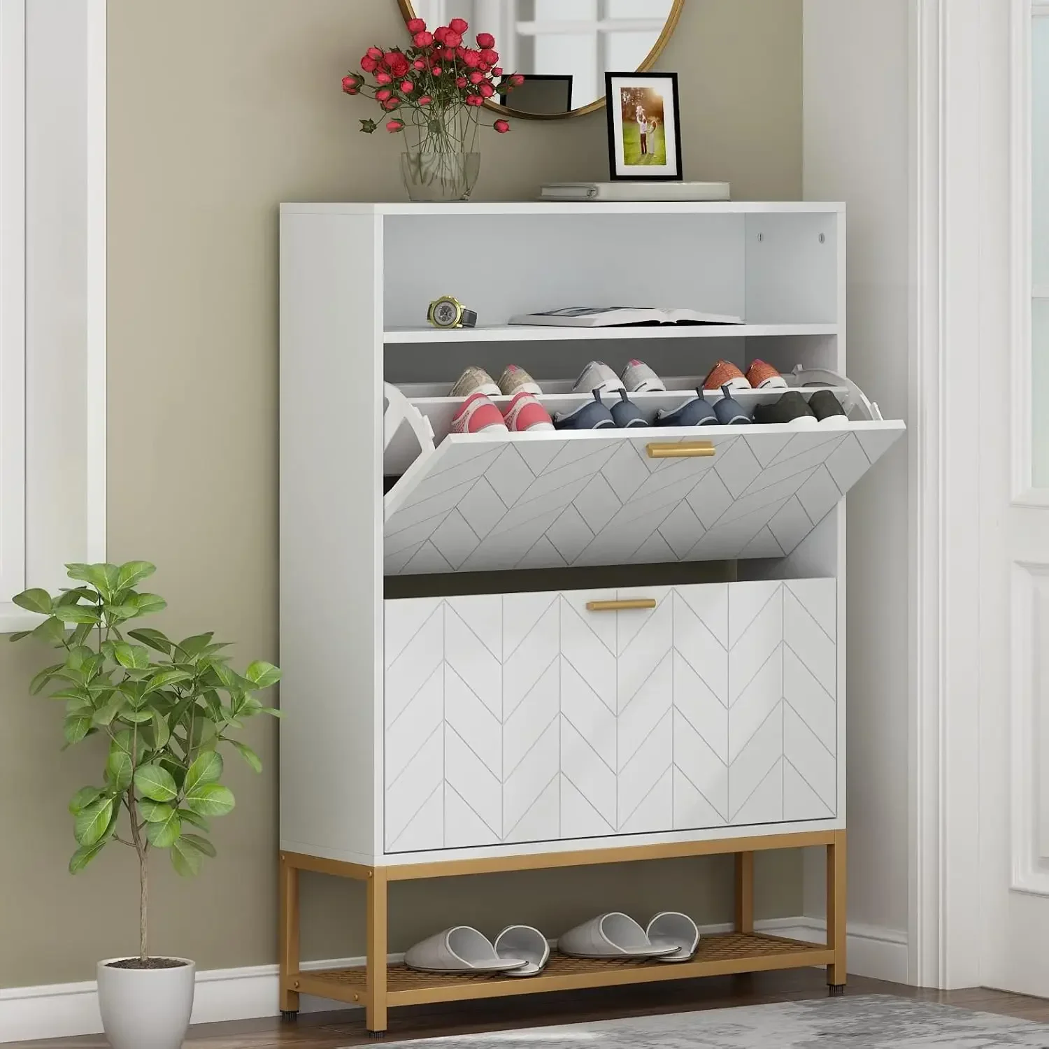 Shoe Cabinet, Free Standing Tipping Bucket Shoe Rack Organizer with 2 Flip Drawers,Entryway Narrow Shoe Storage with Storage