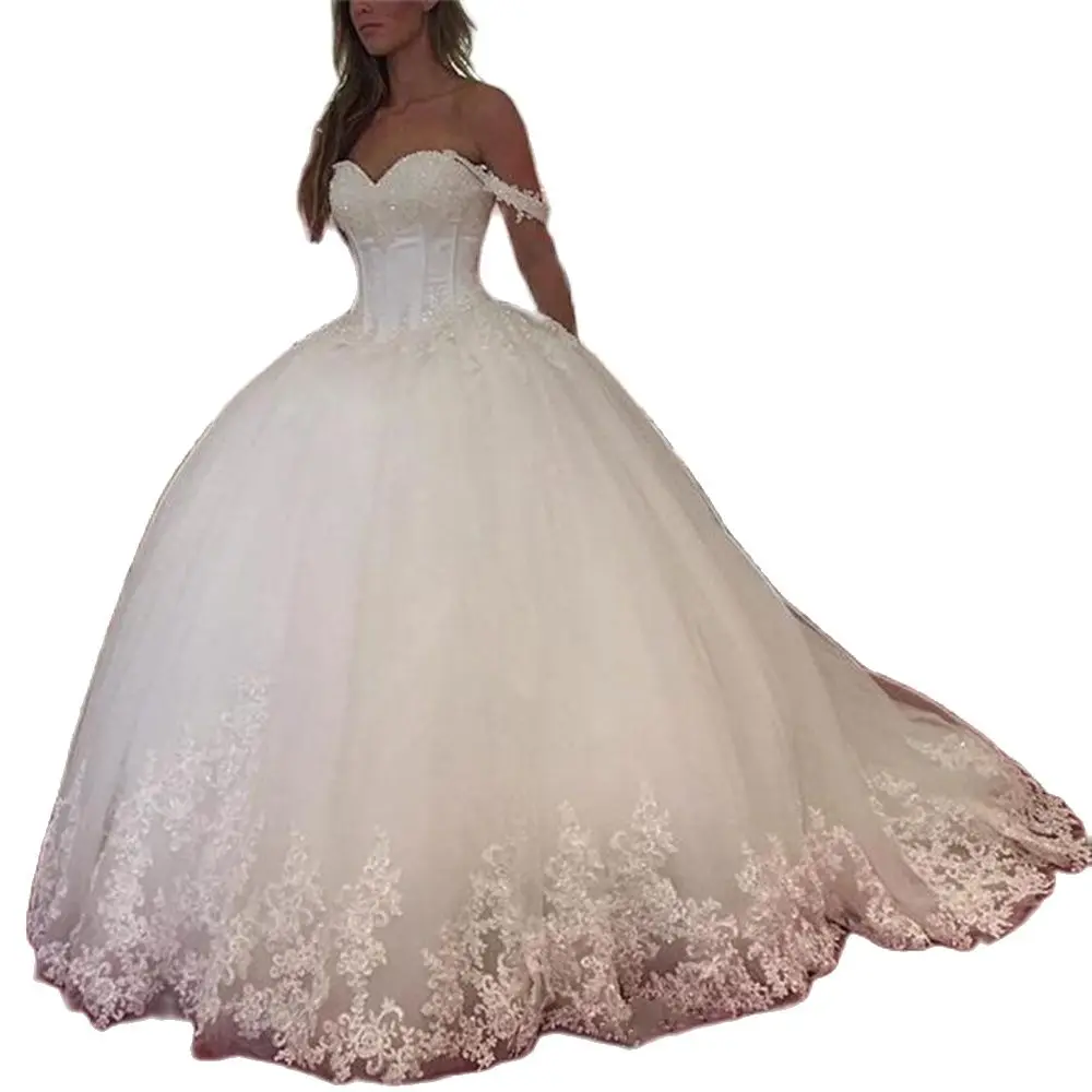 Graceful Off Shoulder Lace Ball Gown Wedding Dresses  Vintage Sweetheart Beaded White Tulle Custom Wedding Gowns