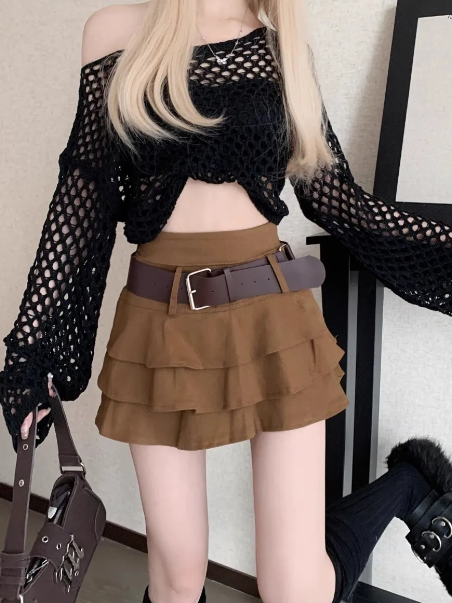 Y2K Low Rise Rock Teen-Girl Tiered Ruffle Minirock mit Gürtel Kurzer Skort Minirock Damen E-Girl 90er Jahre Outfit