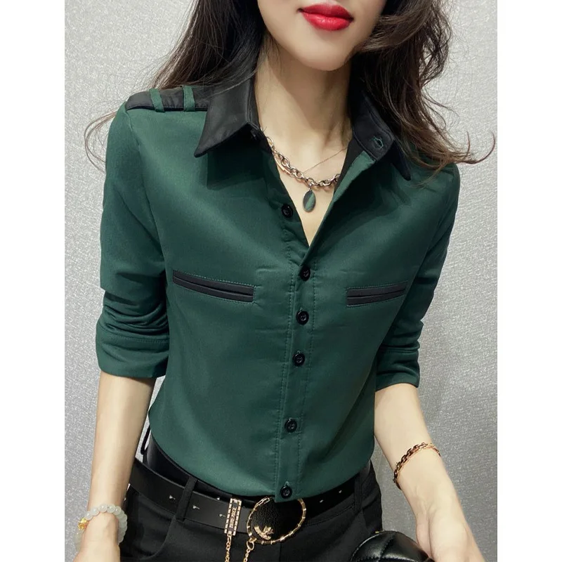 2023 New Spring and Autumn Fashion Style Business Casual Women\'s Oversized Slim Contrast Color Single Breasted Women\'s Shirt