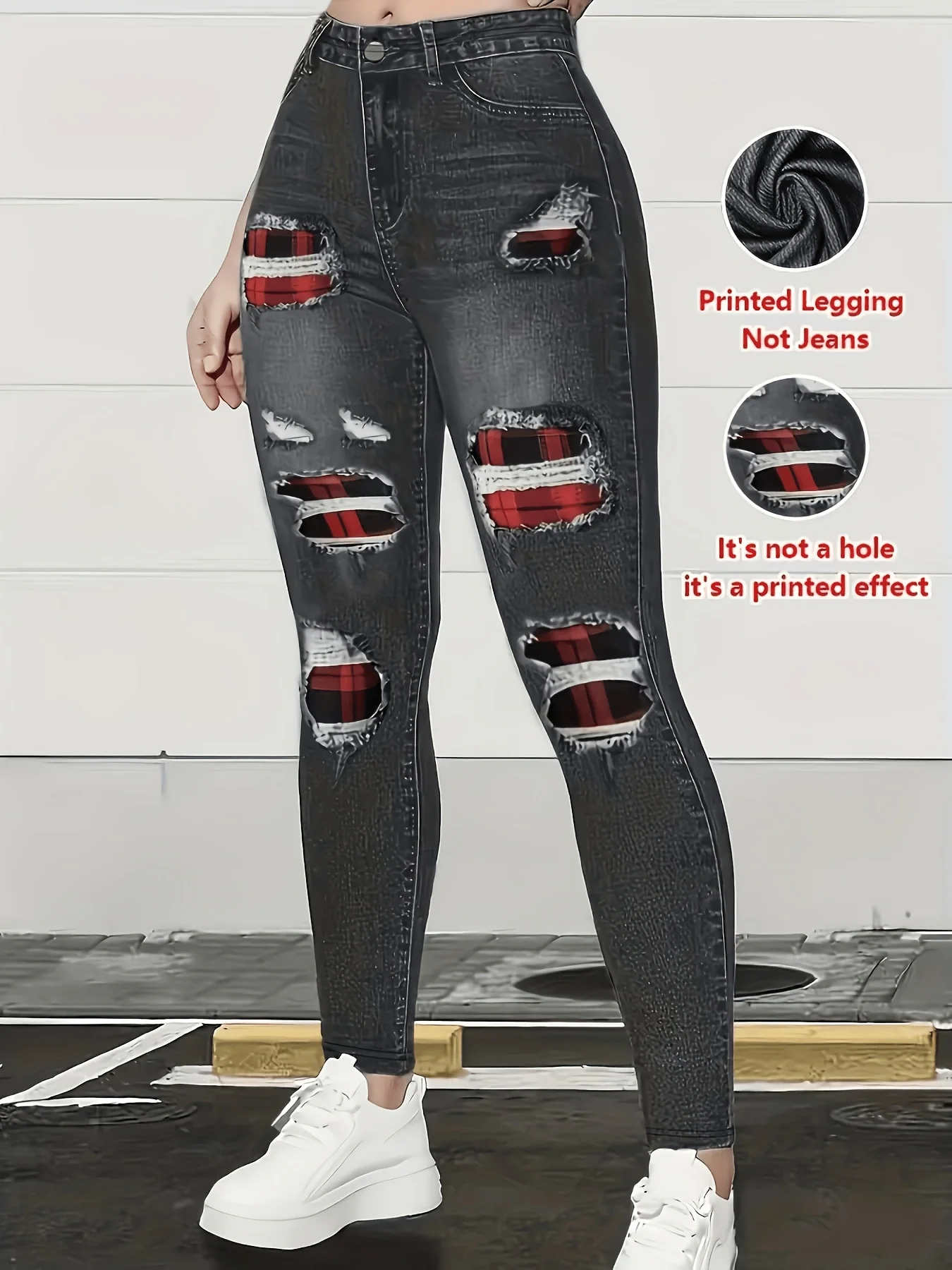 Women Printed Leggings Not Denim Fabric, Fake Pocket & Button Print Design Pants, High Elastic Fashion Slim Fit Skinny Casual