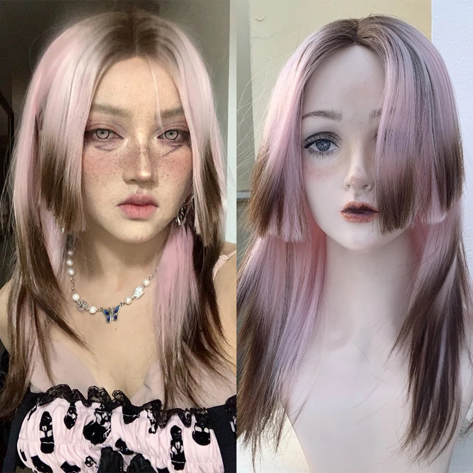 

AILIADE Long Synthetic Straight Middle Part Lace Wig Ombre Brown Pink Cosplay Daily Party Lolita Lace Wigs For Women