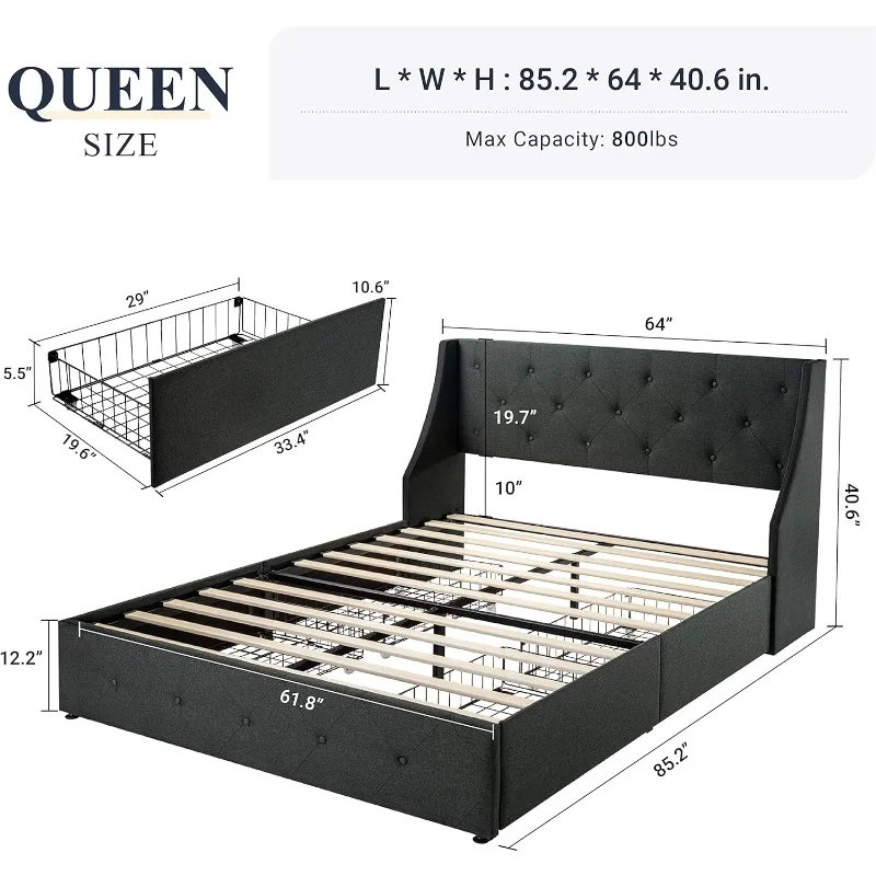 Queen Bed Frame with 4 Storage Drawers and Wingback Headboard, Button Tufted Design, No Box Spring Needed, Dark Grey