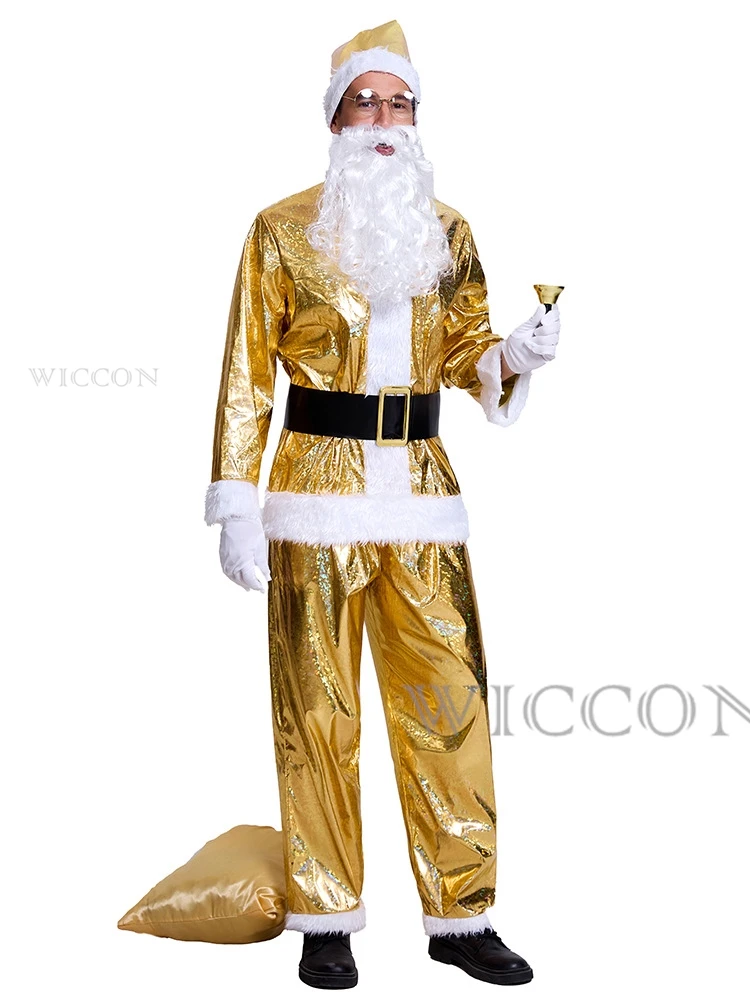 

Gold Christmas Santa Claus Costume Men Gold Beard Top Cloth Pants Hat Belt Beard Halloween Dress Up Suit Cosplay Festival Outfit