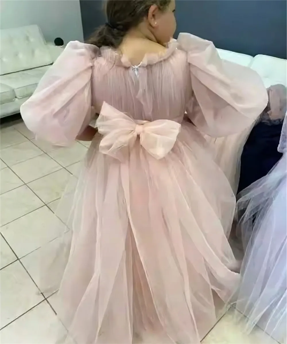 Vestido de novia de niña de flores de malla de manga corta con lazo hinchado princesa fiesta de cumpleaños vestido de celebración vestido de primera comunión personalizado