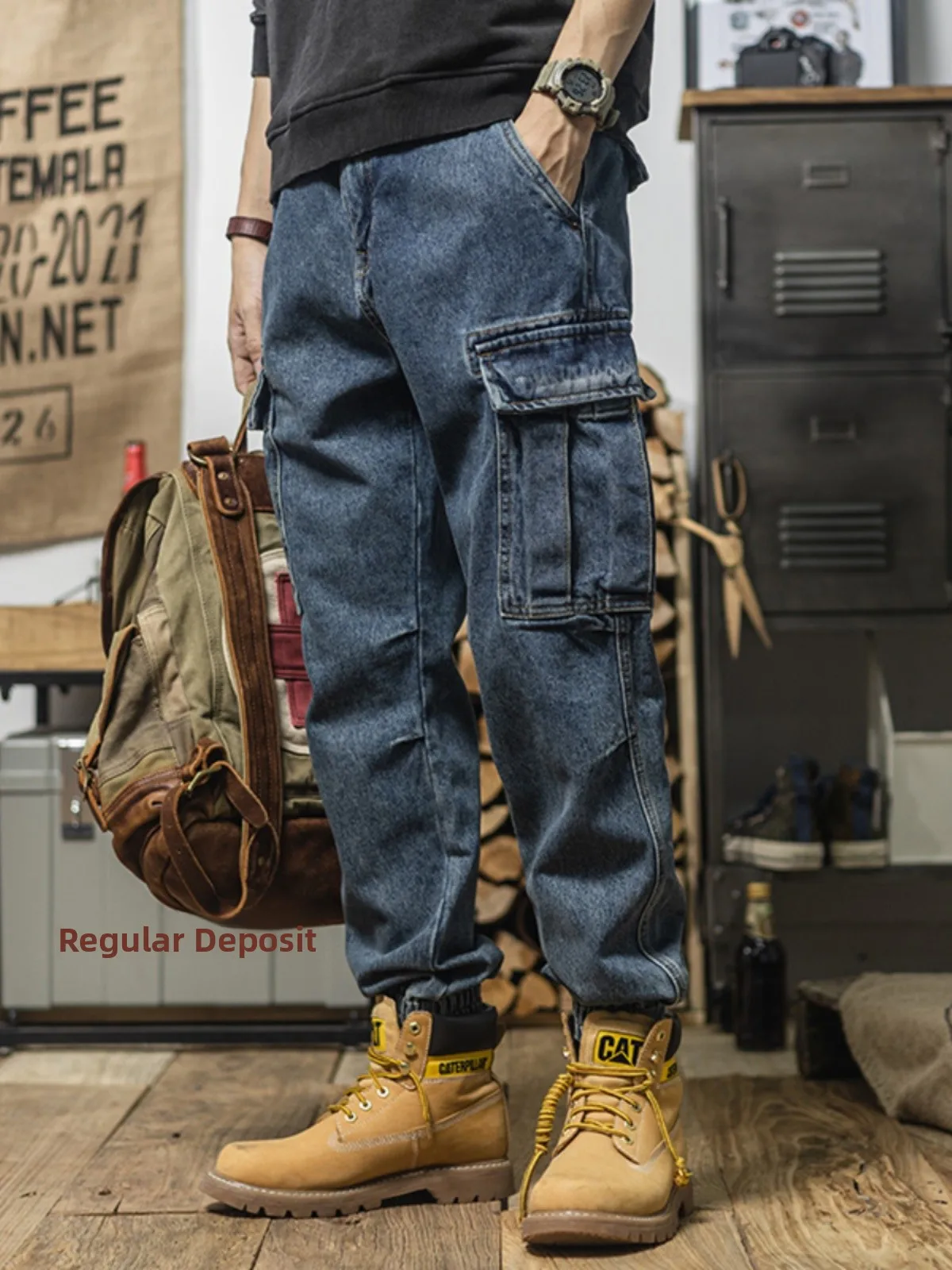 

Retro American Workwear Jeans Men's Heavy Du Wear Resistant Casual Cuffed Denim Work Pants Youth Trendy Autumn Loose Straig...
