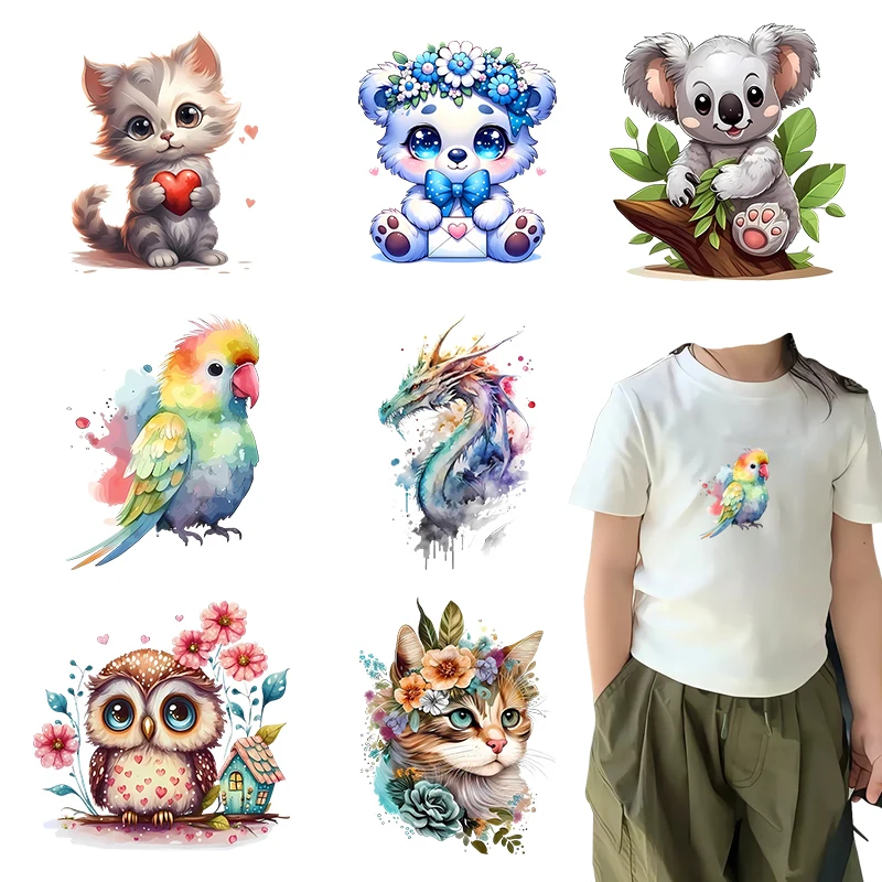 2PCS 15cm Cute Animal Children's T-shirt Printed Stickers Cartoon Cat Heat Transfer Iron On T-shirt Decoration for Children