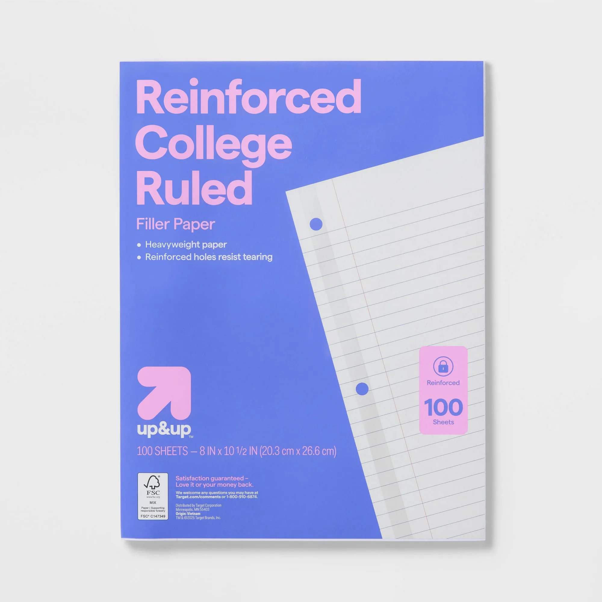 100ct College Ruled Reinforced Notebook Filler Paper: 10.5x8 Inches, Loose Leaf, 20 lb, White, 100 Sheets