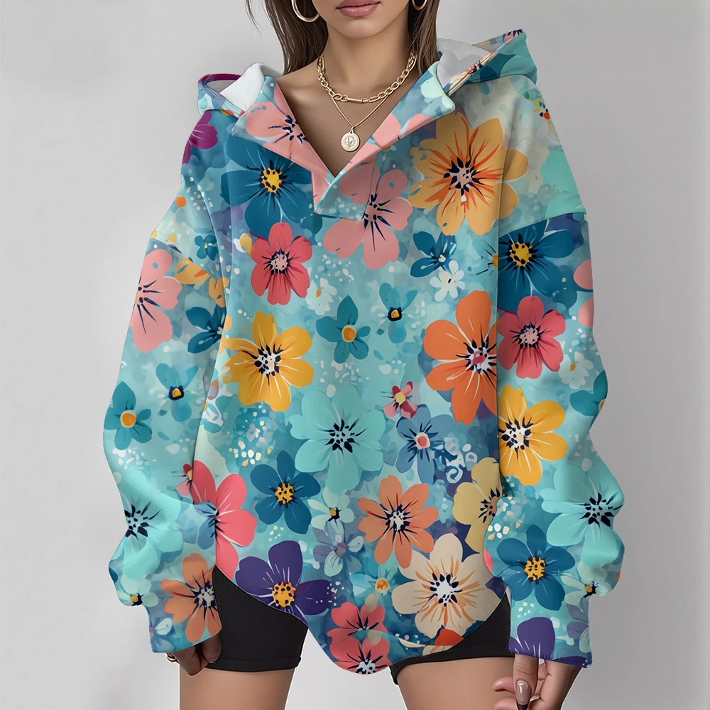 

Женская свободная толстовка с капюшоном в уличном стиле в стиле Харадзюку, свежий красочный пуловер с цветочным принтом, осенне-зимний пуловер, толстовка для пар