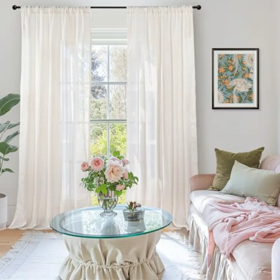 Linen Sheer Curtains 84 Inches Long 2 Panels Set for Living Room - Light Filtering Drapes with Rod Pocket Lightweight Window Tr