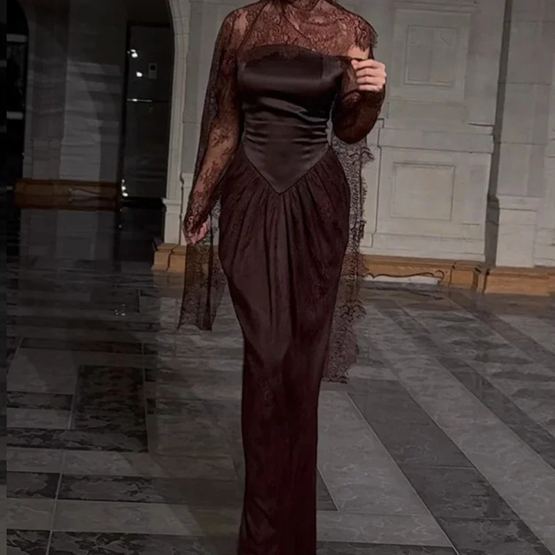 

Сексуальное кружевное платье длиной до пола с вышивкой для выпускного вечера, женское модное платье со складками и шалью, длинное платье с разрезом, модные вечерние платья с длинным рукавом
