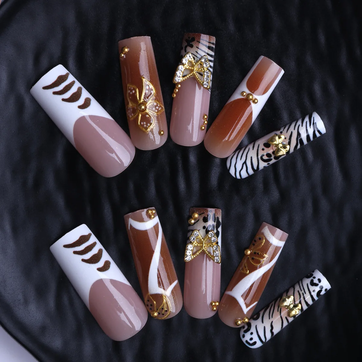 24 pièces faux ongles rayures taches fleurs diamants presse sur ongles carré Cool embelli imprimé léopard or perle conception faux ongles