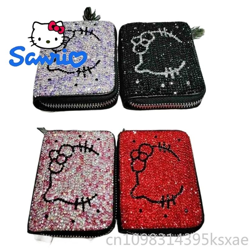 Hello Kitty Luxury Card Holder Genuine Leather Card Purse Handbag Women's Crystal Rhinestone Accordion Multi Slot Zipper Gift