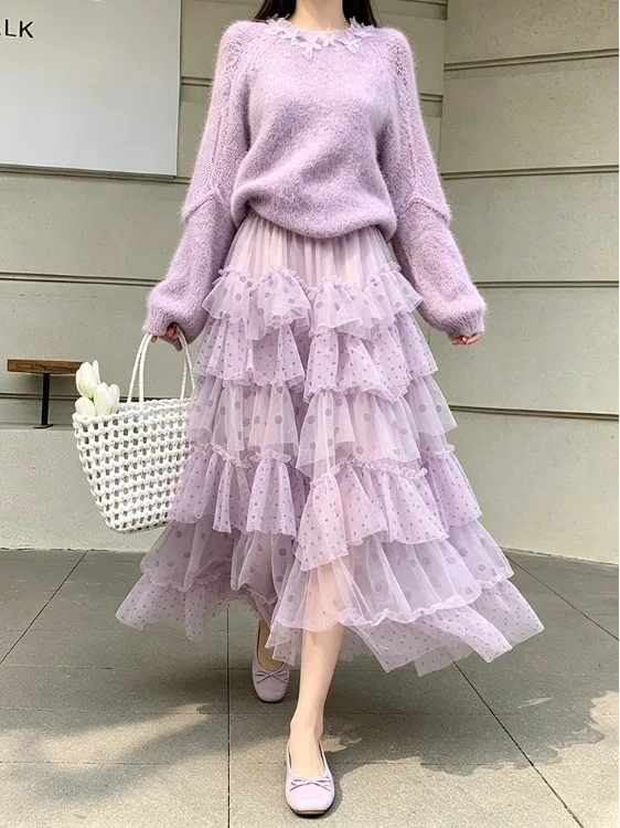 Women's Cake Skirt Half-length Polka Dot Net Gown Spring Autumn Slimming Long Heavy-duty Splicing Fashion High Waist A-line S...