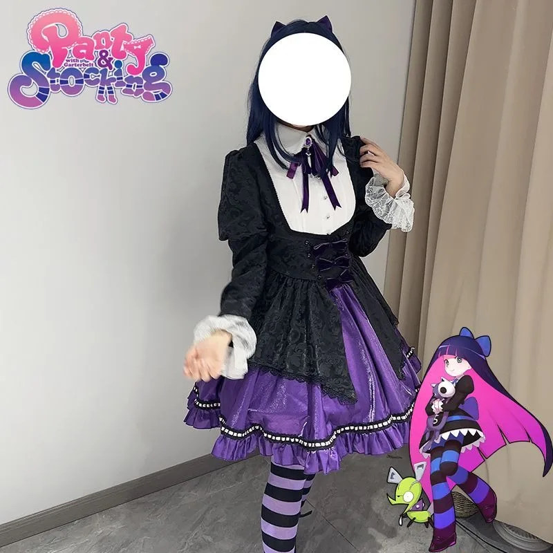 Anime Panty & Kous met Jarretellegordel Kous Anarchie Cosplay Kostuum Paars Lolita Jurk Avond Uniform Carnaval Feestkostuums