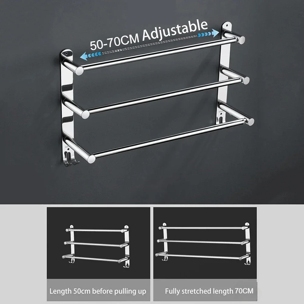 Bathroom Extendable Towel Rail Bright Silver Clothes Rail 304 Stainless Steel Bath Rack 50-90cm Extendable Rod with Hook