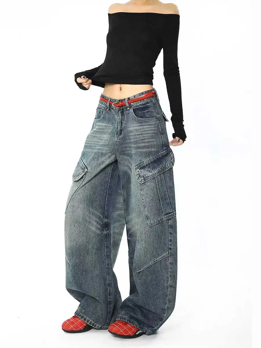 

Синие женские джинсы с высокой талией в стиле хип-хоп, модная винтажная уличная одежда 90S Y2K, широкие джинсы 2025 г., женские брюки, мешковатые джинсовые брюки