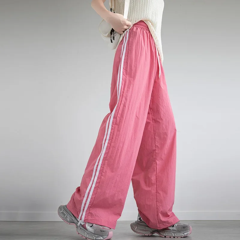 2024 Summer Women Pants Solid Color Elastic Waist Adjustable Drawstring Long Pants Soft Touch Athletic Wide Leg Cargo Trousers