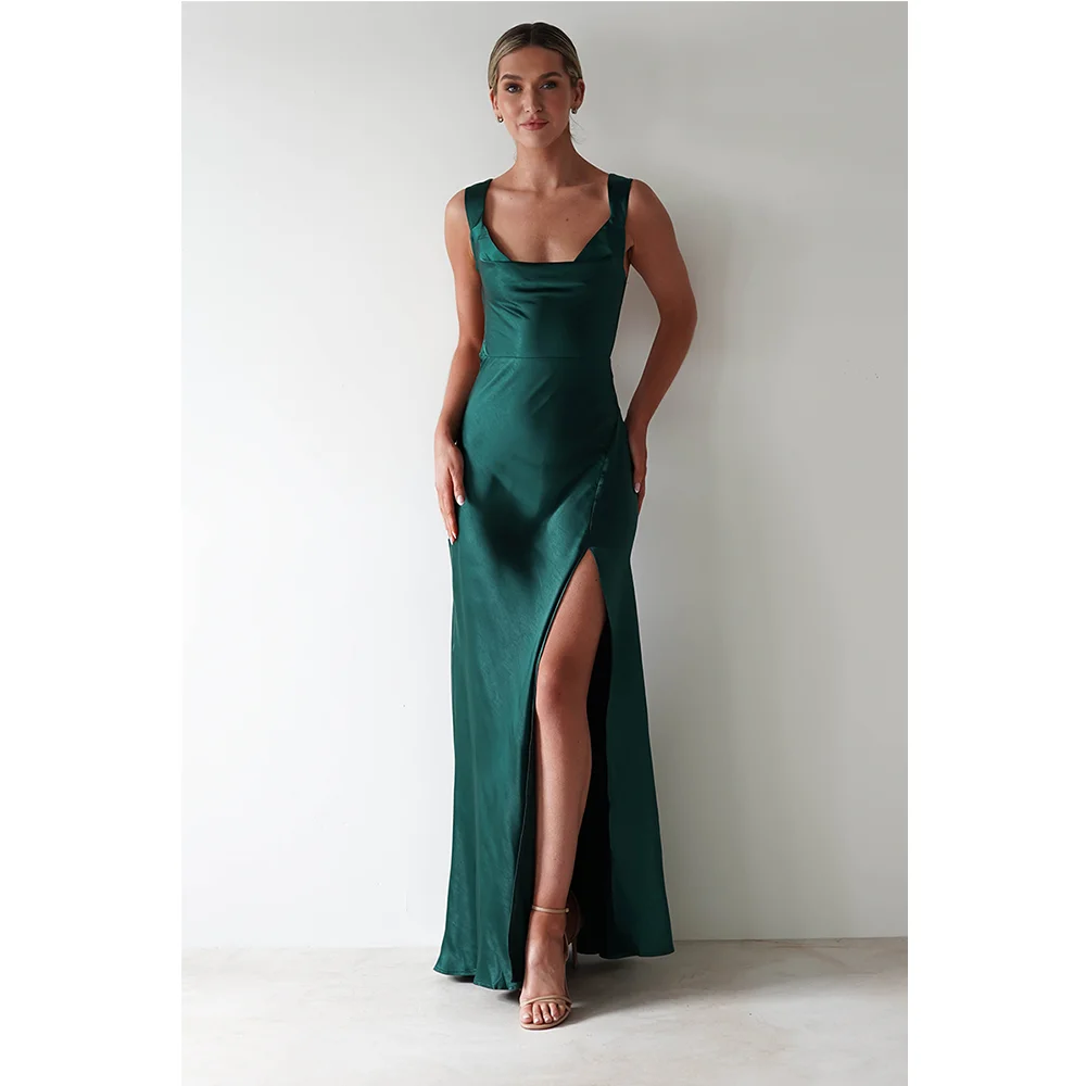 

LoveDoris Evening Dress Hunt Green A-Line Bridesmaid Dress Split Backless Sexy Prom Dress Long Satin Party Dress