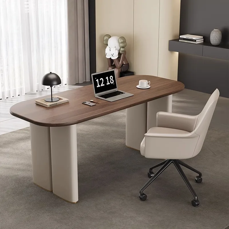 French retro style desk walnut solid wood Italian minimalist light luxury computer desk saddle leather medical beauty consultati