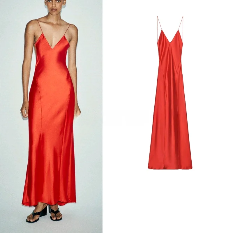 Długa satynowa sukienka z wysokim stanem, idealna na lato, nowa kolekcja damska, amerykański styl, elegancka, z dekoltem w serek, dopasowana, balowa.