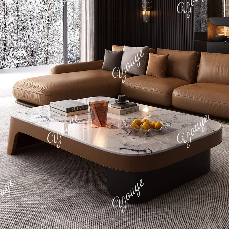 

XS Solid Wood Coffee Table Italian Medieval Style Coffee Table Microcrystalline Stone Household New High-end Saddle Leather